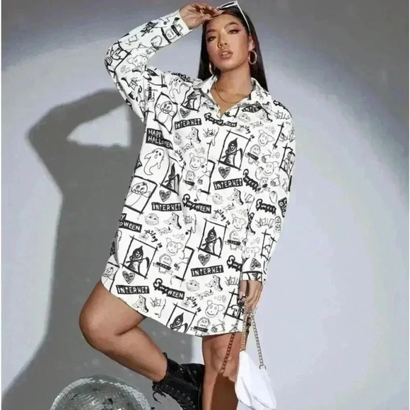 SHEIN Curve UK Graffiti Print Drop Shoulder Shirt Dress Size US 20 - Picture 1 of 14